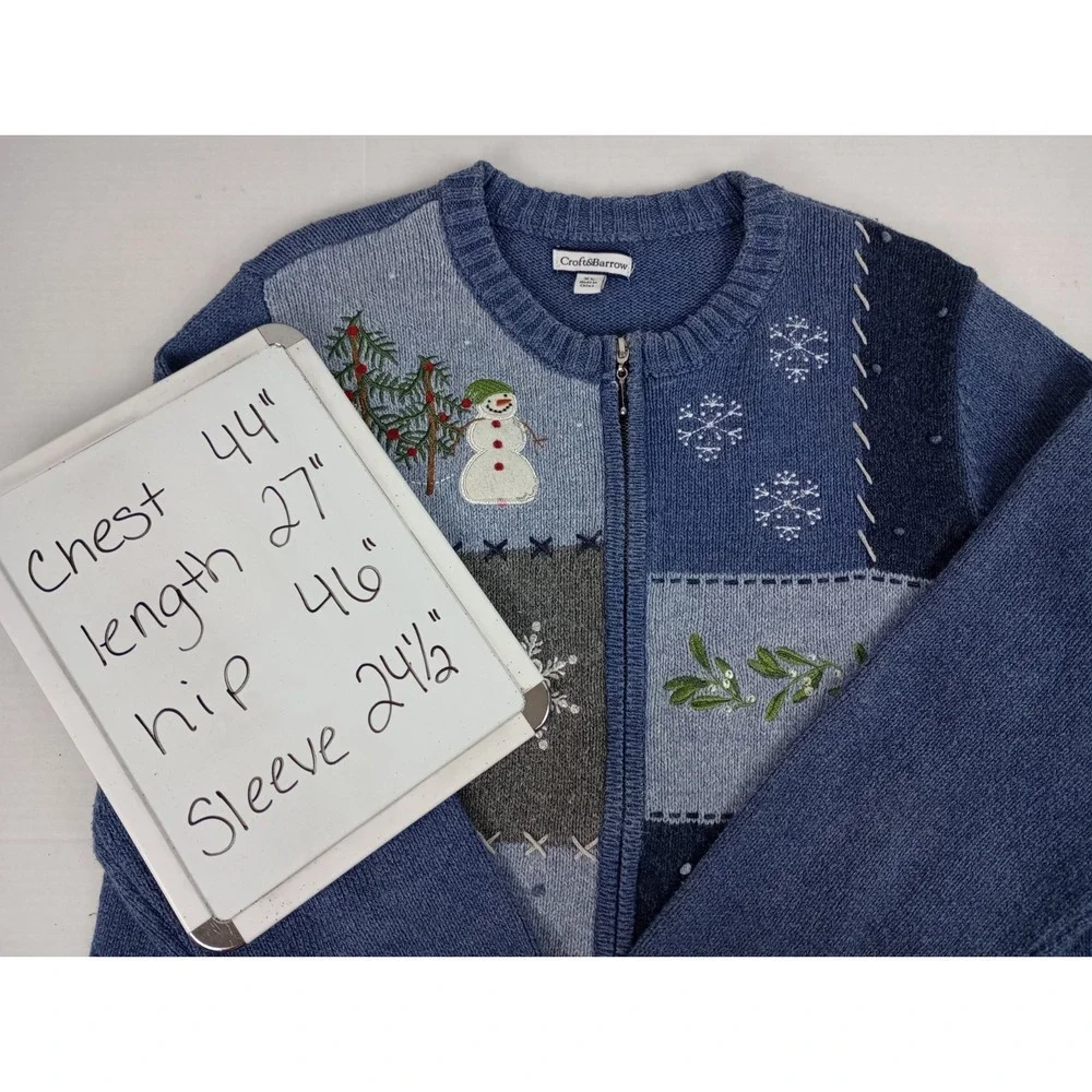 Croft & Barrow Women's XL Blue Winter Snowflake Snowman Zipper Cardigan Sweater